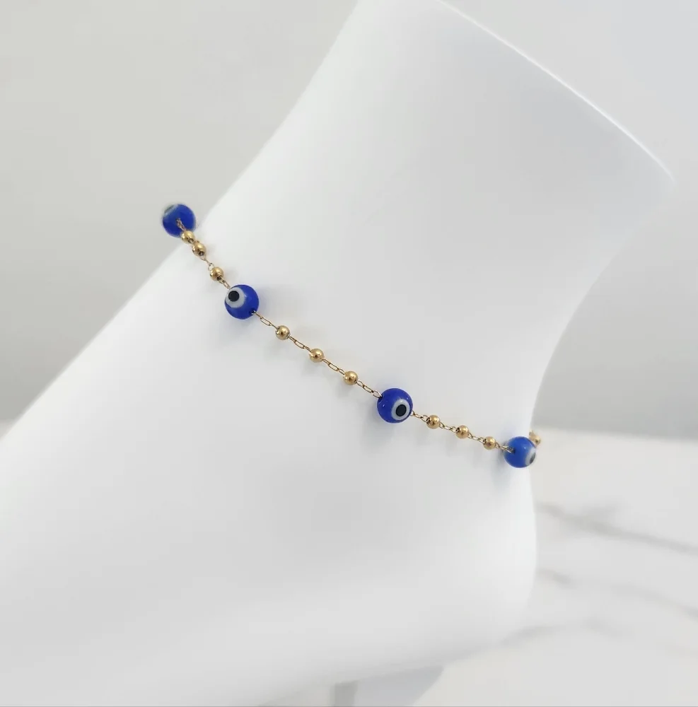 Modern Style Beaded Blue Evil Eye 18K Gold Plated Bracelet - Picture 3 of 11